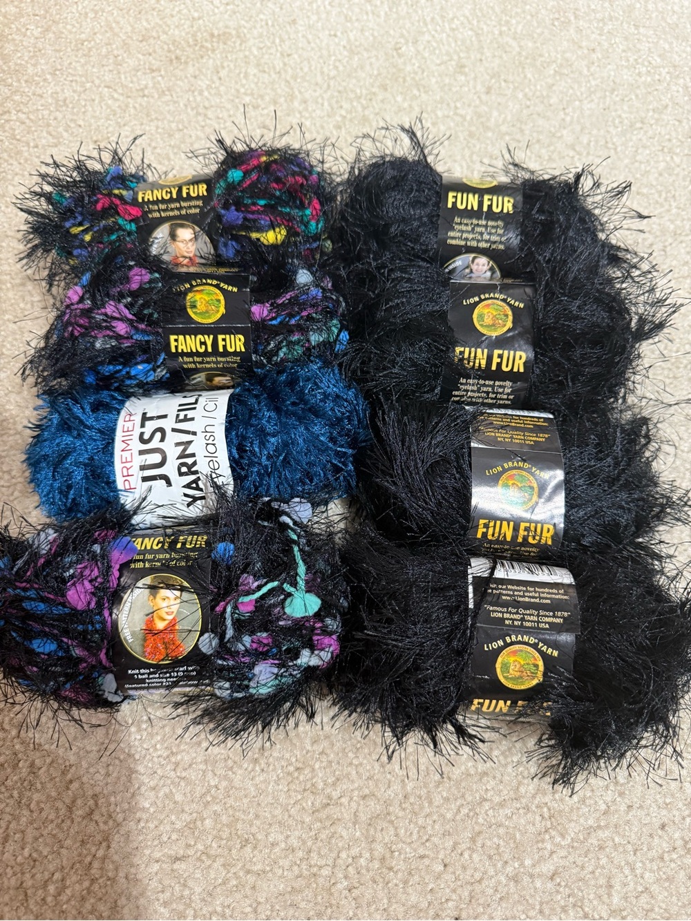 Lion Brand Fun Fur Black Eyelash Yarn 8 Skeins , 4 Colors, 50g 60ys Each